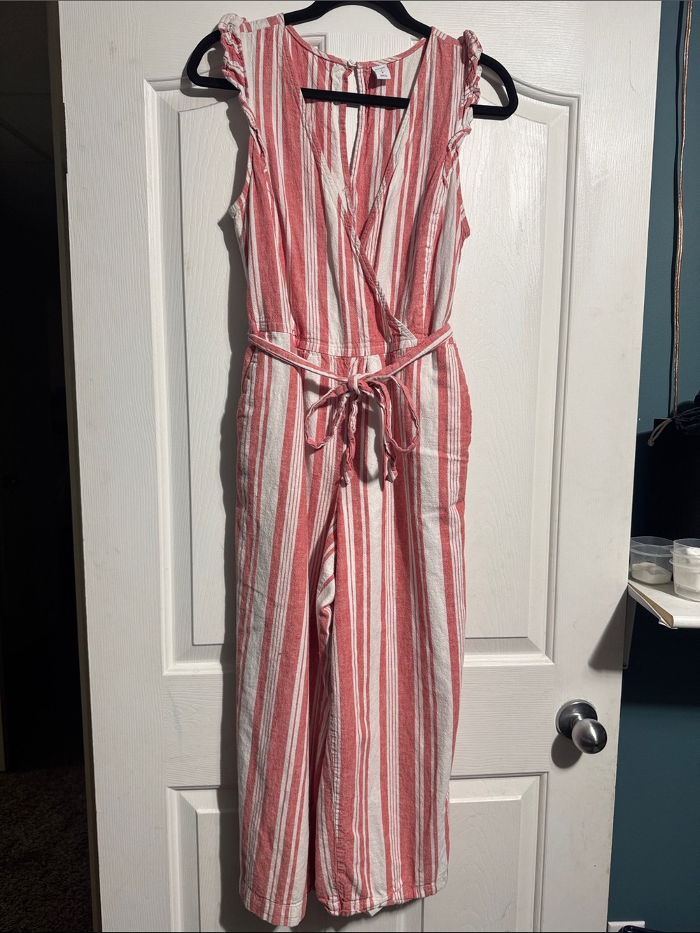 Old Navy Striped Jumpsuit Small Linen Blend Red & White Tie Waist